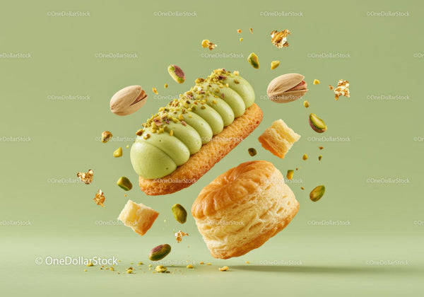 Floating pistachio cream pastry with puff pastry pieces