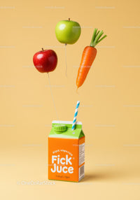 Fresh juice carton with floating apple and carrot balloons