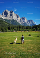 Man with dog enjoying alpine mountain meadow