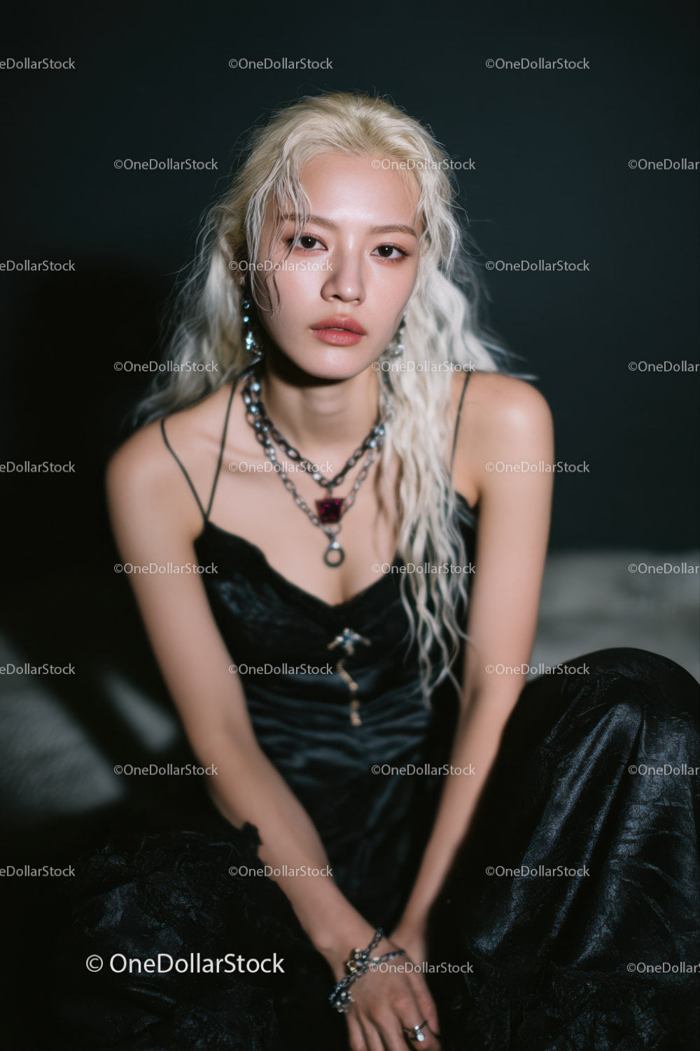 Stylish Blonde Woman in Black Satin Dress with Layered Jewelry