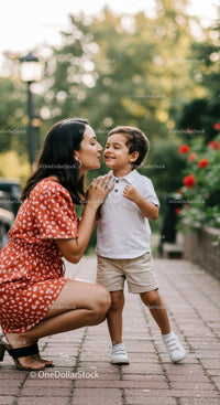Mother sharing a tender moment with her smiling son outdoors