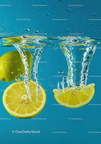 Fresh lemon slices splashing into clear water