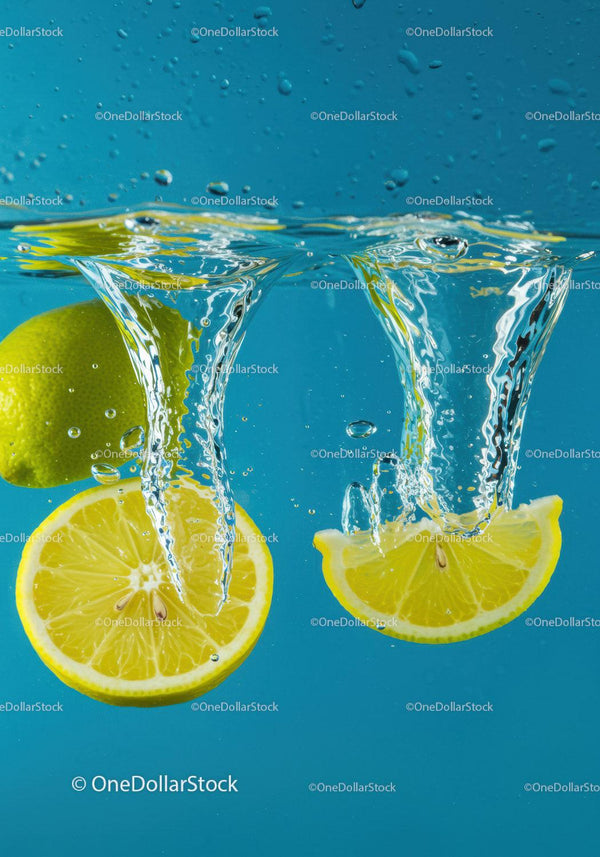 Fresh lemon slices splashing into clear water