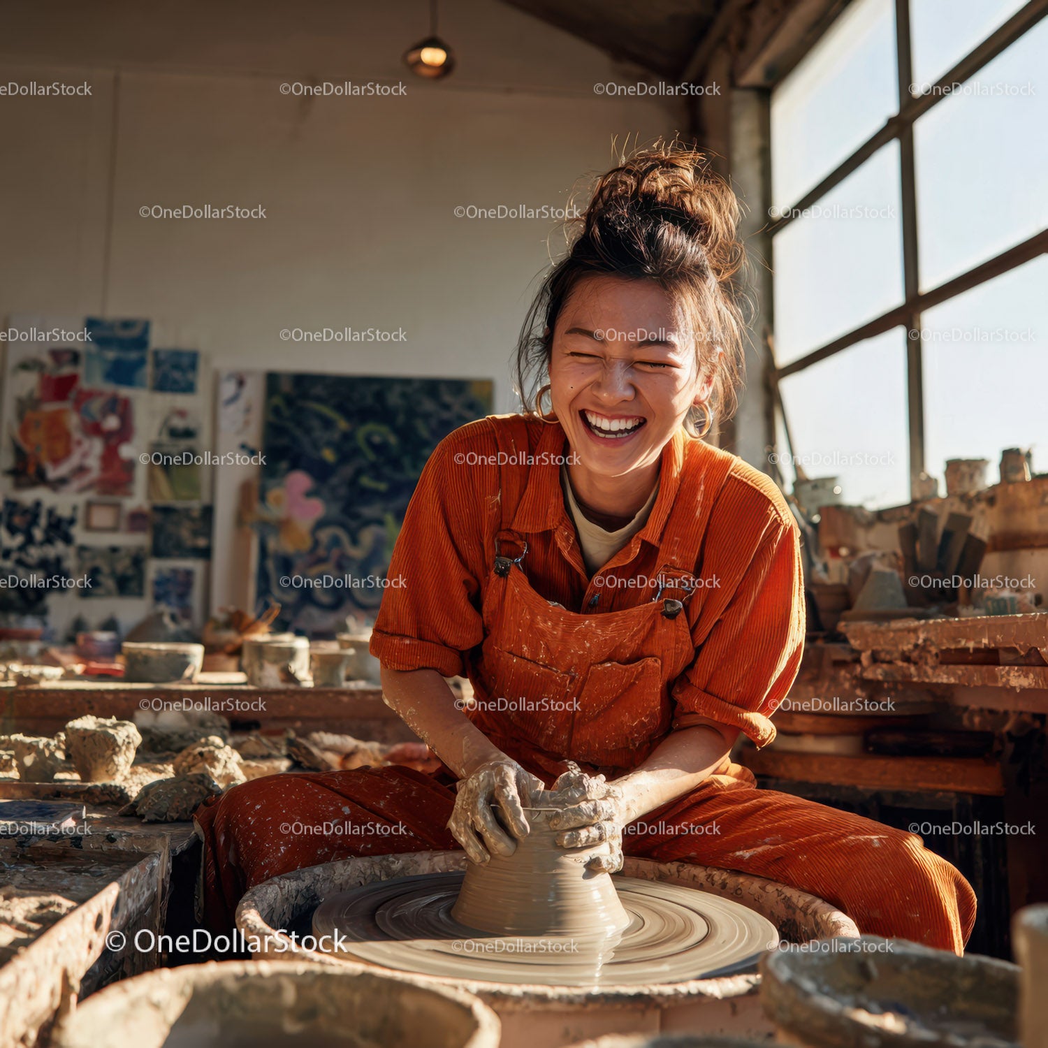 Joyful Woman Creating Handmade Pottery in Artistic Studio