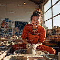 Joyful Woman Creating Handmade Pottery in Artistic Studio