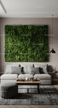 Modern Living Room with Green Plant Wall and Elegant Sofa