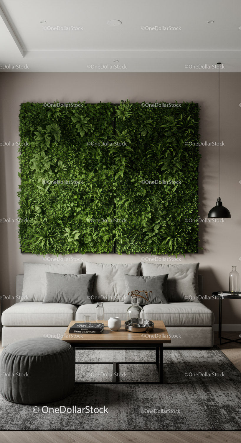 Modern Living Room with Green Plant Wall and Elegant Sofa