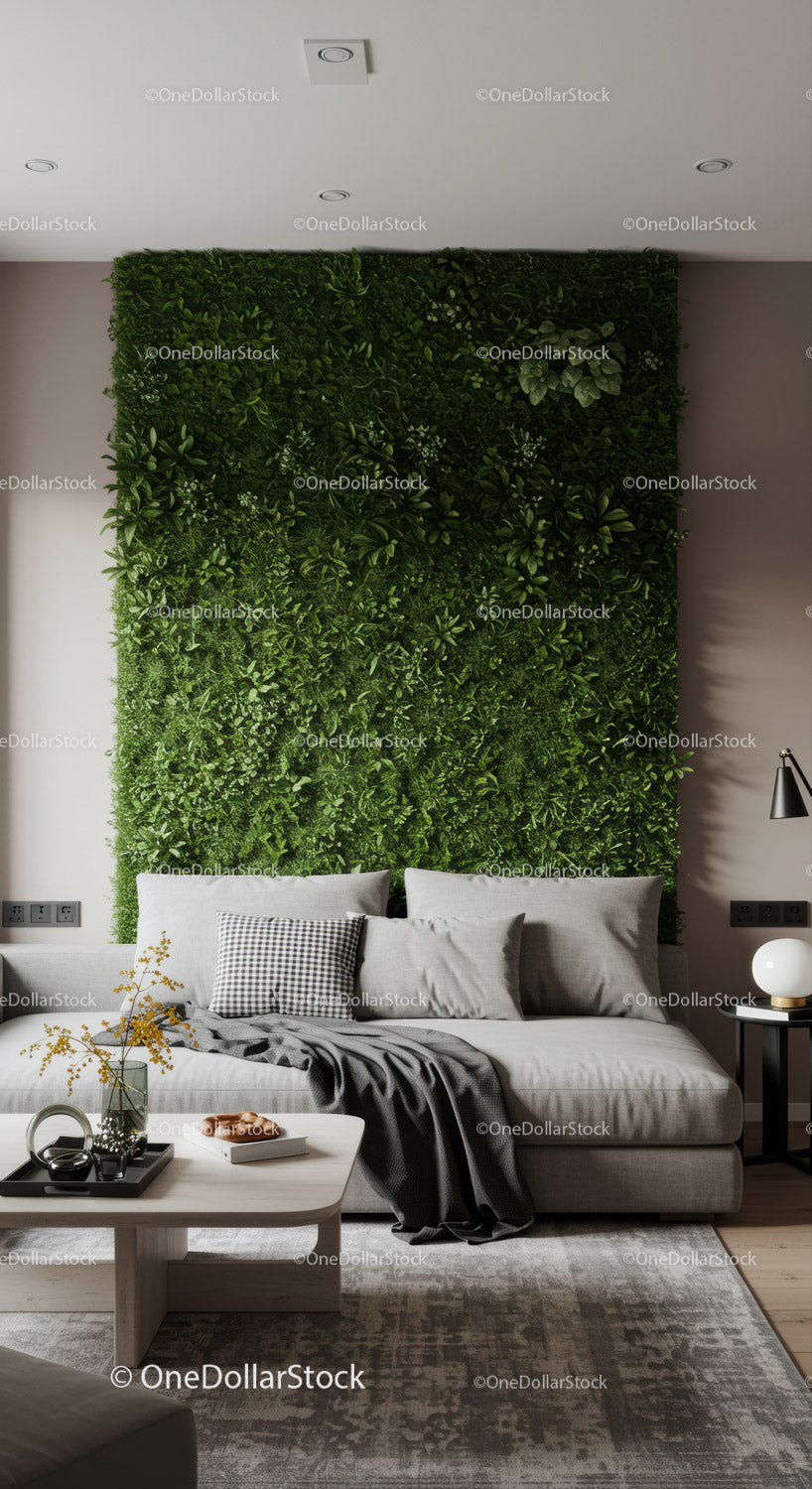 Elegancka ściana z zielonych roślin do wnętrz w nowoczesnym salonie