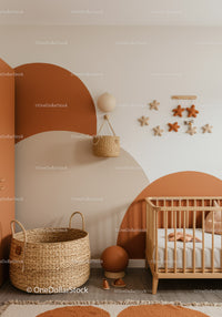 Vibrant Baby Nursery with Orange and Beige Wall Accents and Cozy Wooden Crib