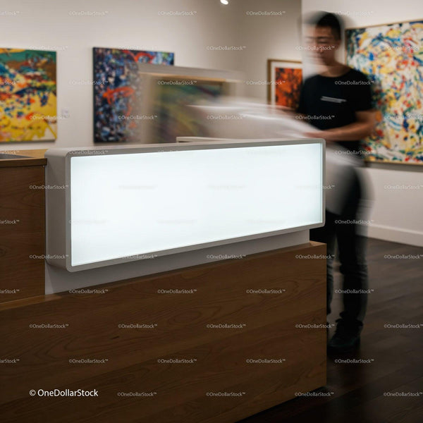 Gallery staff handling painting in contemporary art space JPG Mockup Image