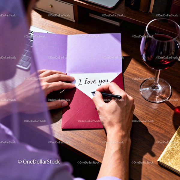 Man Writing Romantic Note with Red Wine on Wooden Desk