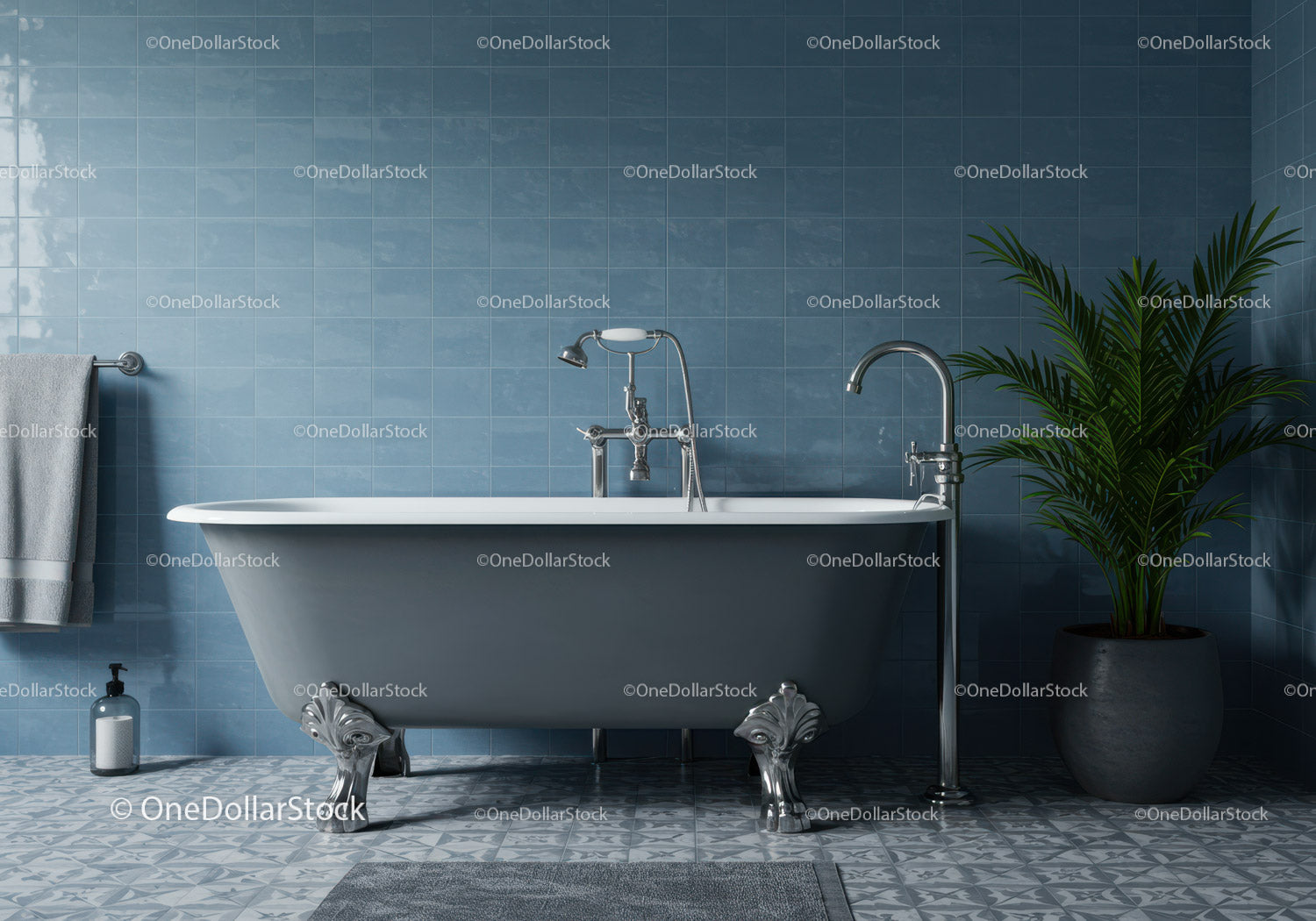 Classic freestanding bathtub with blue tiled walls