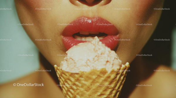 Close-up of Woman Licking Melting Ice Cream Cone with Pink Lips