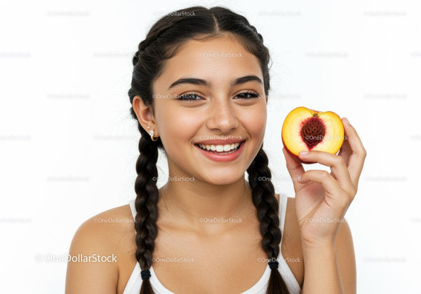 Young Woman Holding Fresh Peach with Bright Smile in Studio