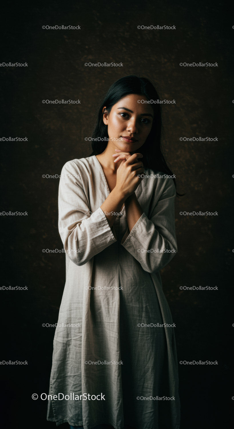 Thoughtful young woman in natural linen dress