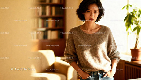 Young woman standing relaxed in warm cozy living room