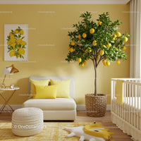 Bright Yellow and White Nursery with Lemon Tree and Modern Decor