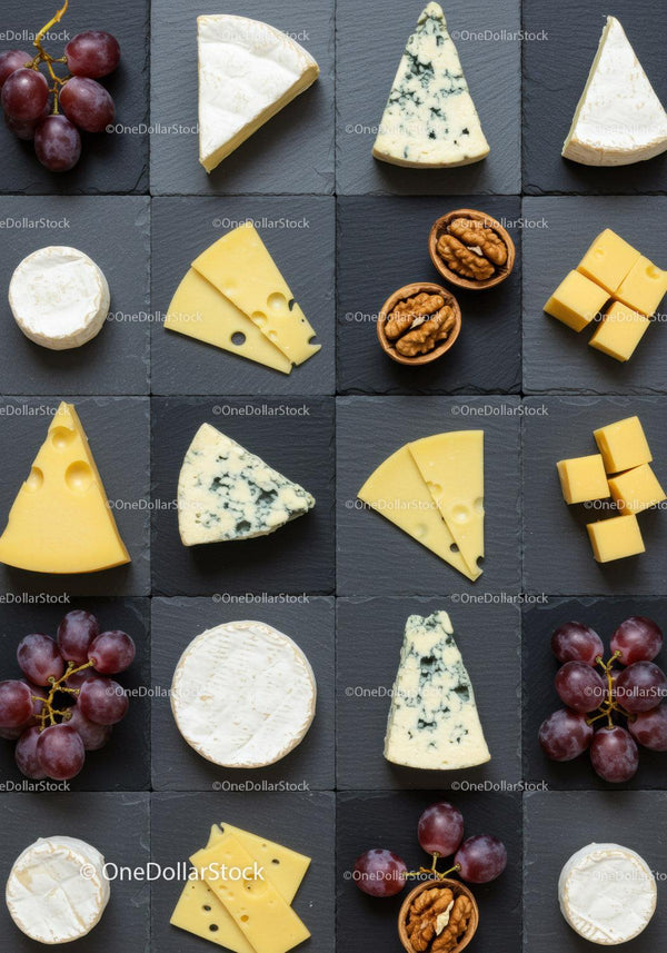 Assorted cheeses with grapes and walnuts on slate