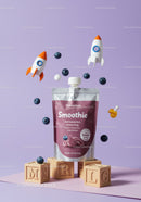 Blueberry smoothie pouch with playful rocket toys and blocks