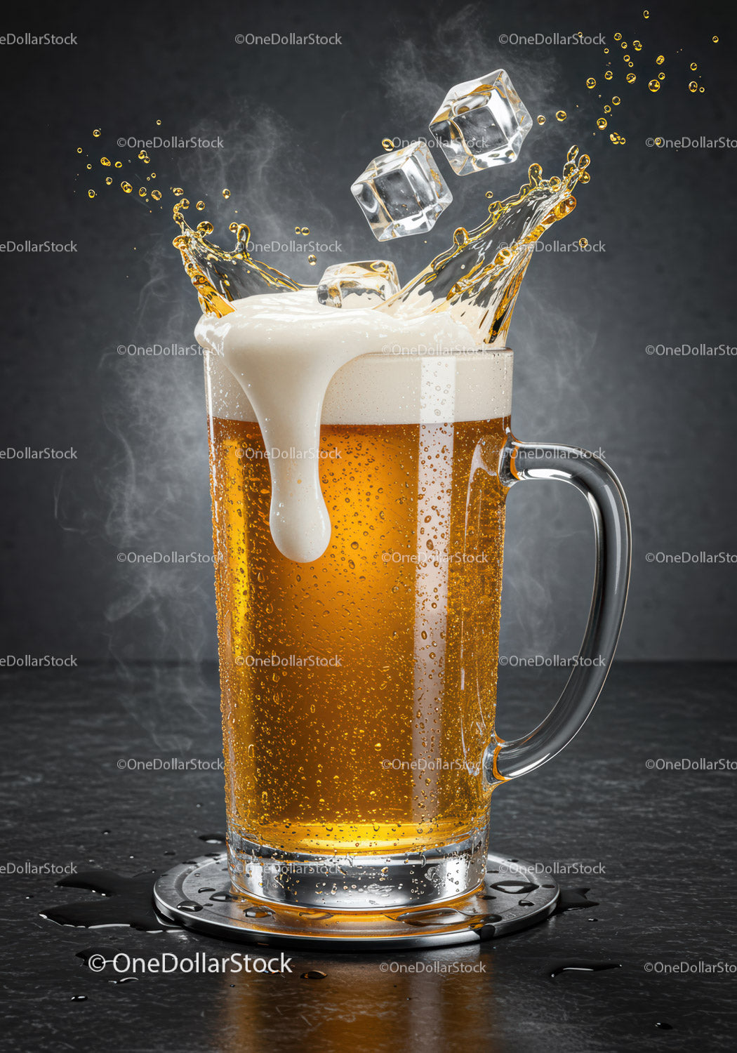 Refreshing beer splash with melting ice cubes