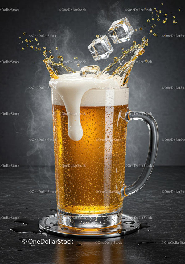 Refreshing beer splash with melting ice cubes