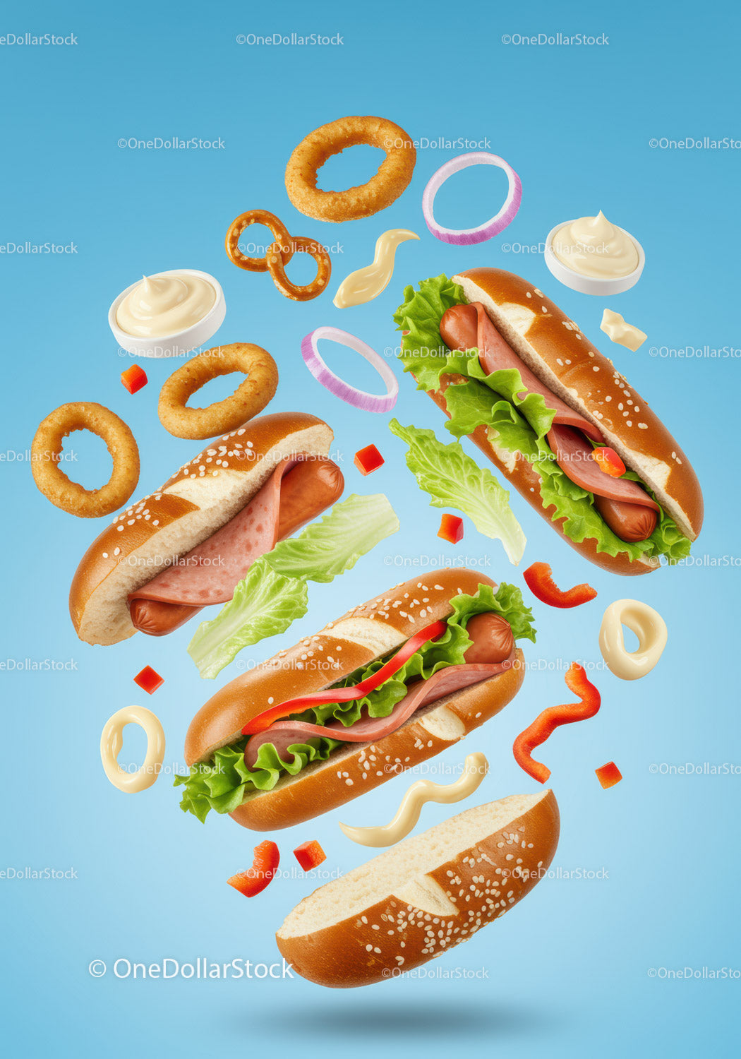 Floating hot dogs with fresh toppings and sauces on blue