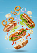 Floating hot dogs with fresh toppings and sauces on blue
