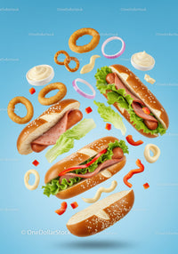 Floating hot dogs with fresh toppings and sauces on blue