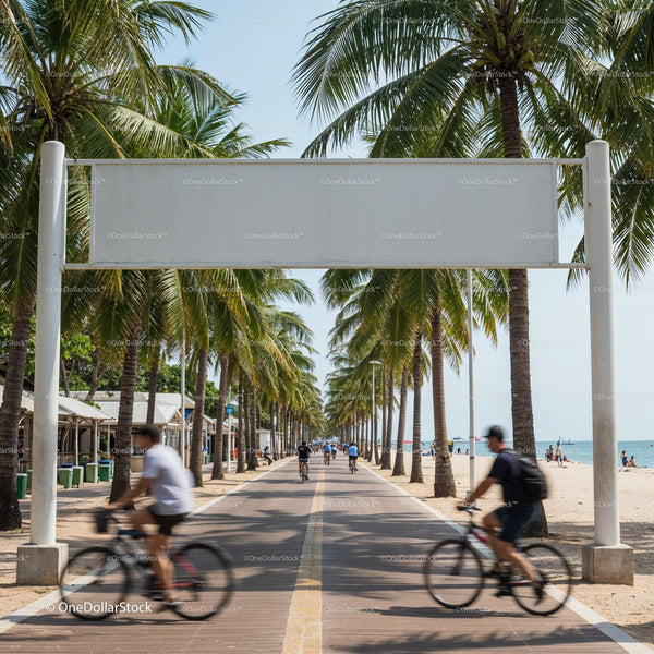 Cyclists Riding Along Palm-Lined Coastal Promenade JPG Mockup Image