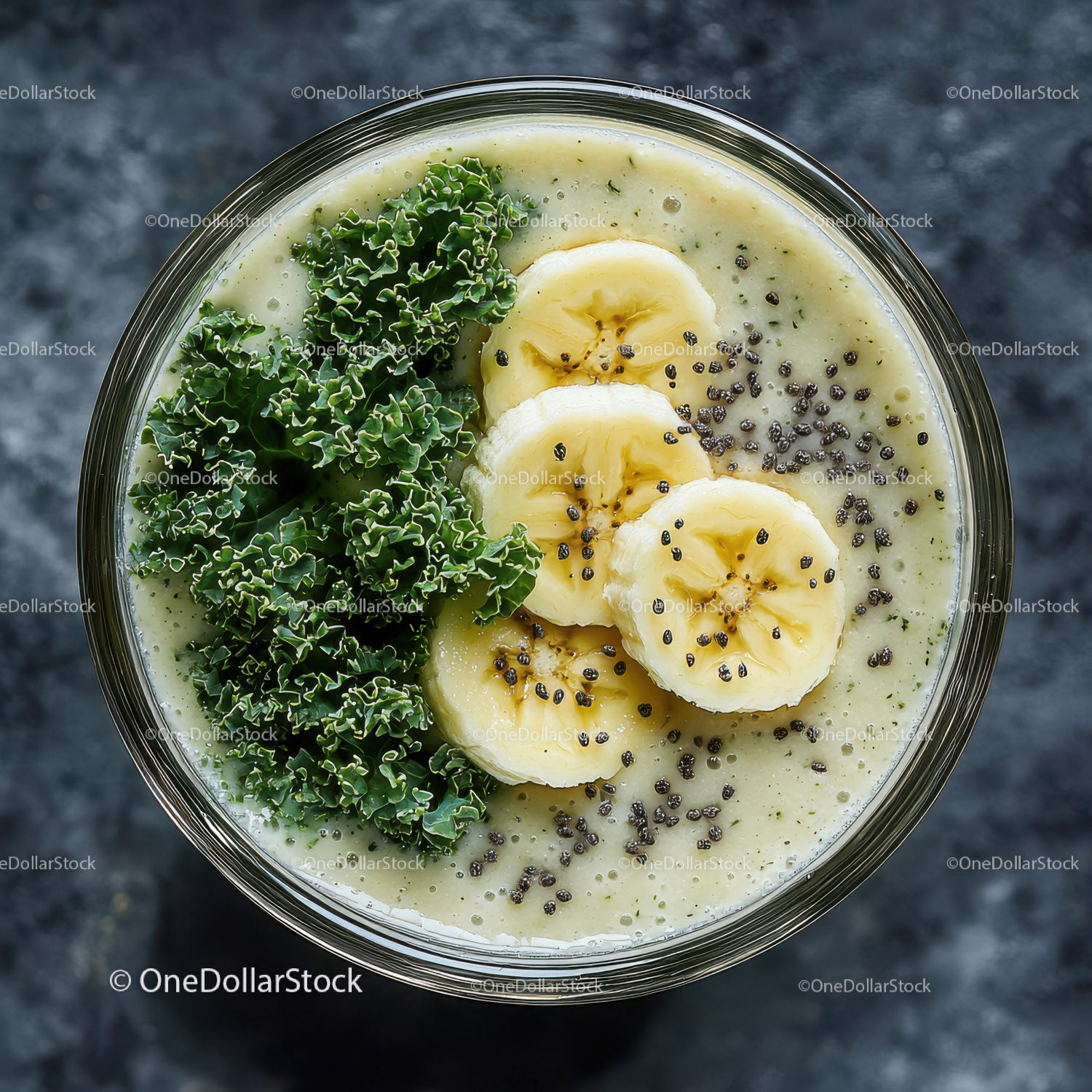 Banana and Kale Smoothie with Chia Seeds in a Glass