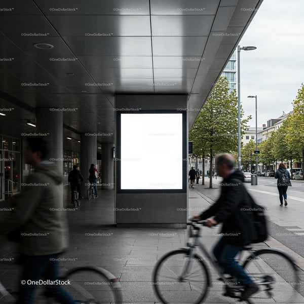 Urban commuters cycling past large blank billboard JPG Mockup Image