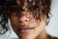 Close-up of a Woman with Wet Curly Hair and Expressive Eyes
