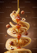 Golden syrup cascading over spiral pancakes with hazelnuts
