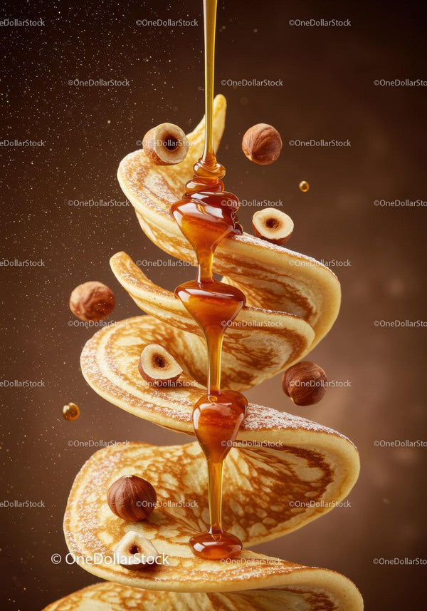 Golden syrup cascading over spiral pancakes with hazelnuts