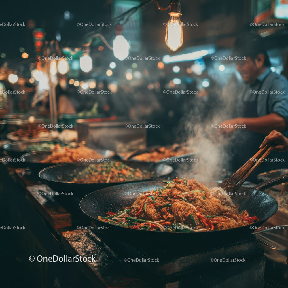 Stir-frying noodles at a bustling Asian street food market