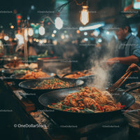 Stir-frying noodles at a bustling Asian street food market