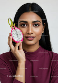 Beautiful Woman Holding Fresh Dragon Fruit for Skincare and Wellness