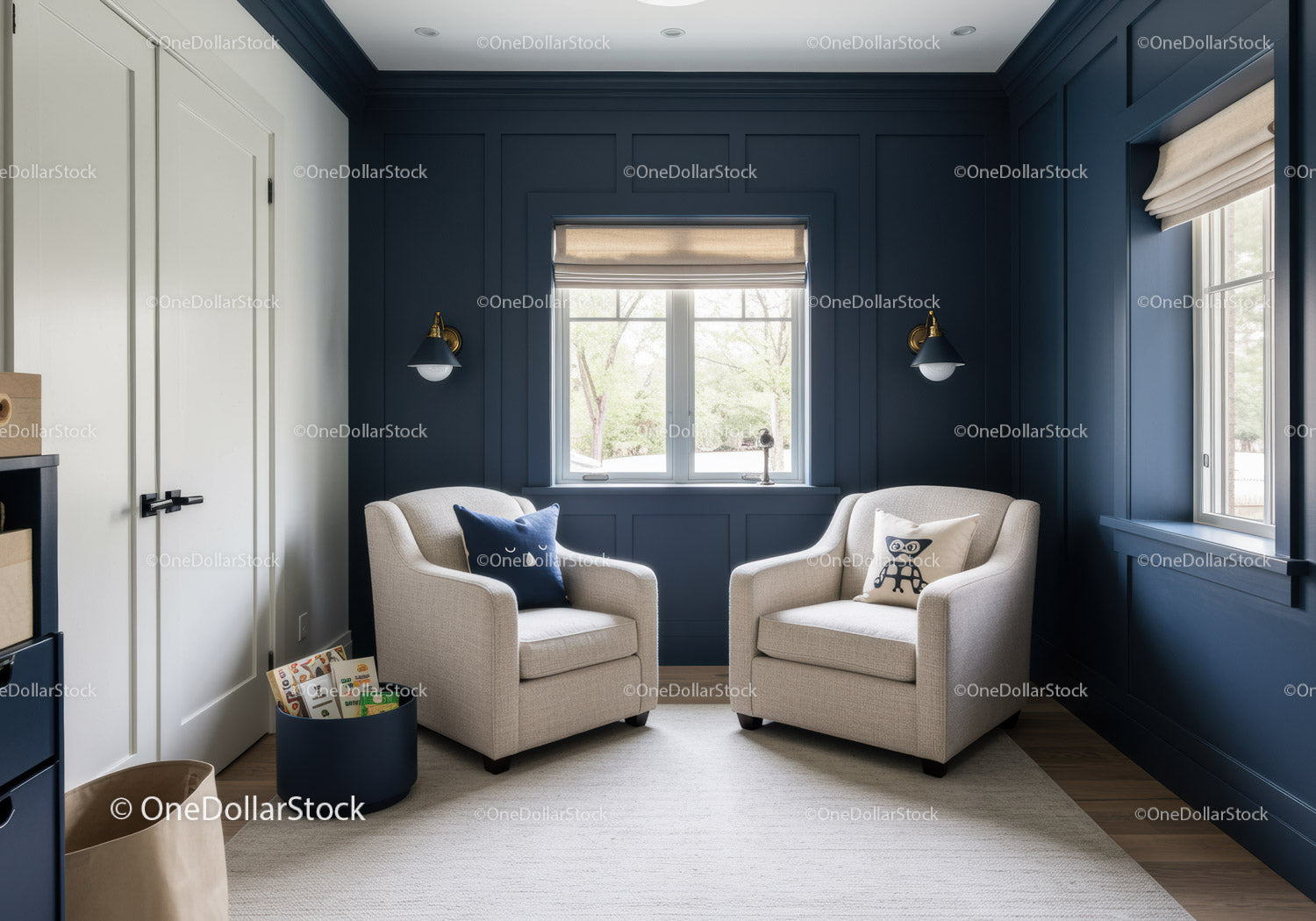 Cozy Beige Armchairs in a Modern Navy Blue Living Room Interior