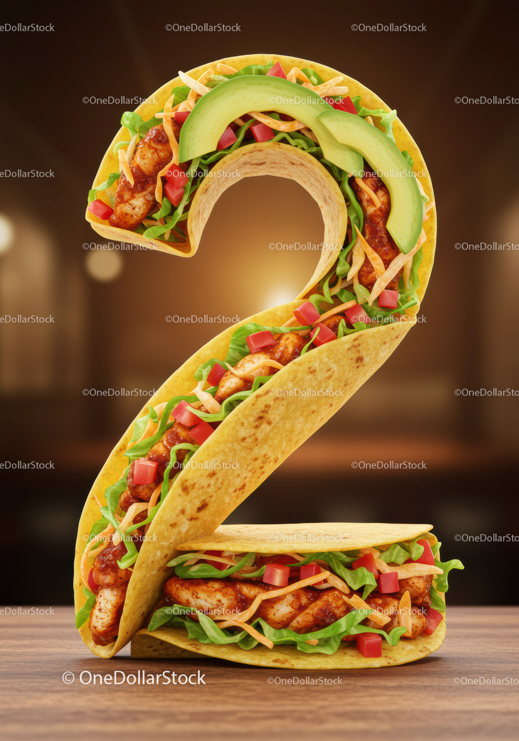 Number Two Shaped Chicken Taco with Fresh Vegetables