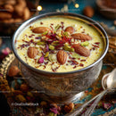 Saffron Pistachio Almond Kheer in Ornate Silver Bowl