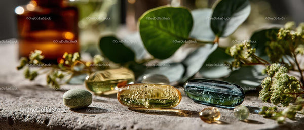 Herbal Supplements and Essential Oils in Glass Capsules with Green Leaves