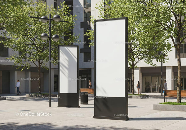Modern urban plaza with sleek blank advertising boards JPG Mockup Image