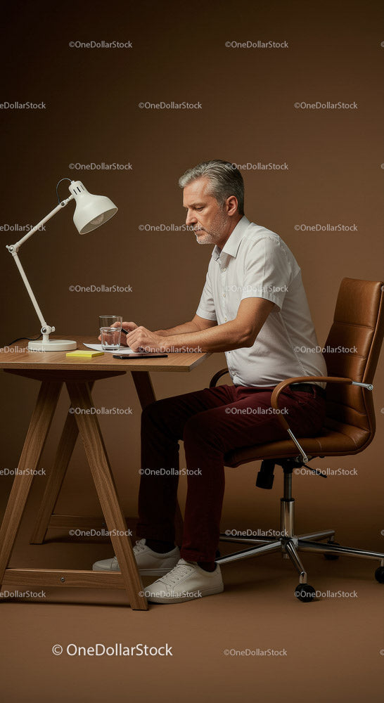 Senior Man Concentrating While Writing in Modern Workspace