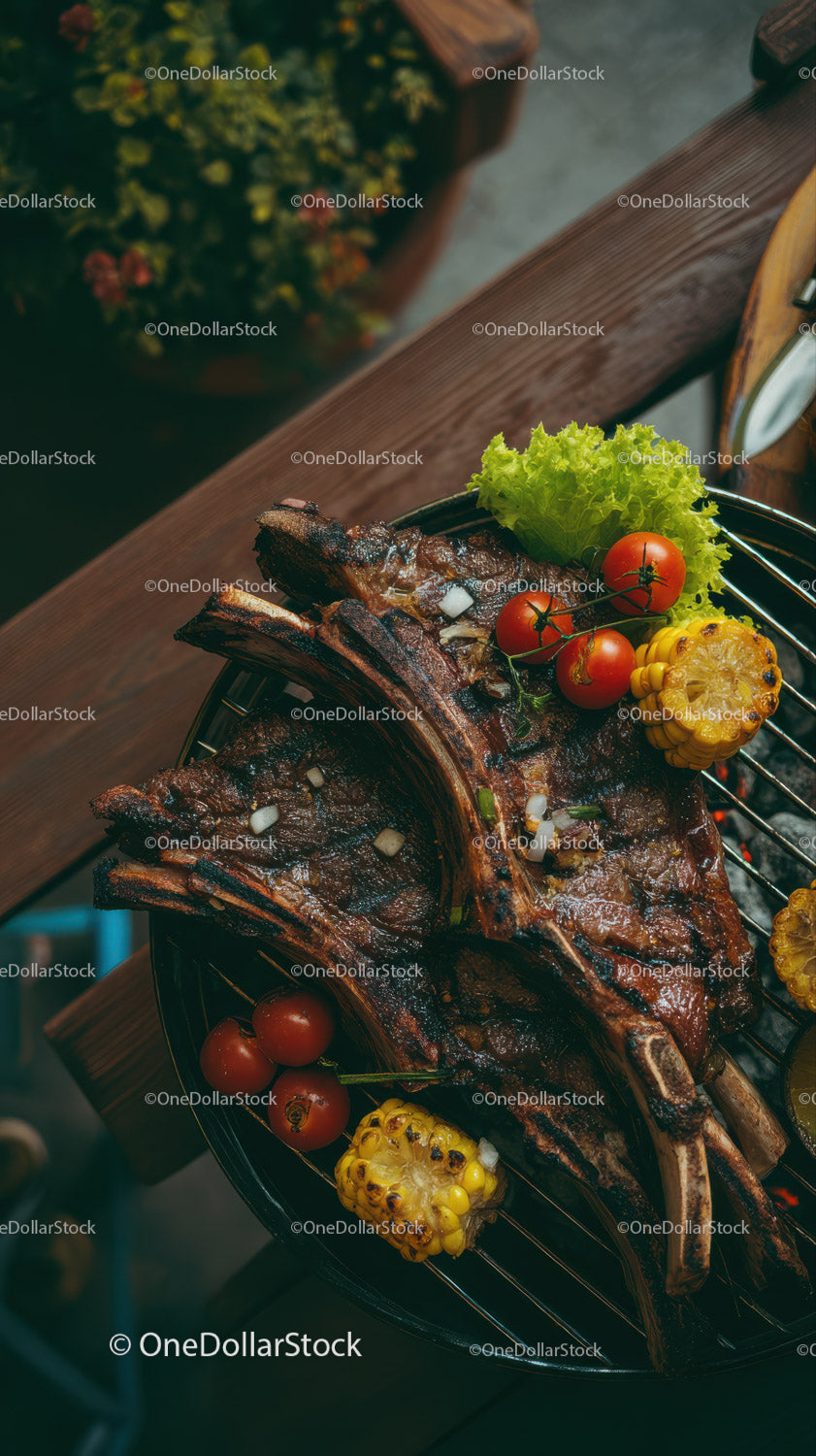 Grillowane żeberka z kukurydzą, pomidorkami koktajlowymi i świeżymi warzywami