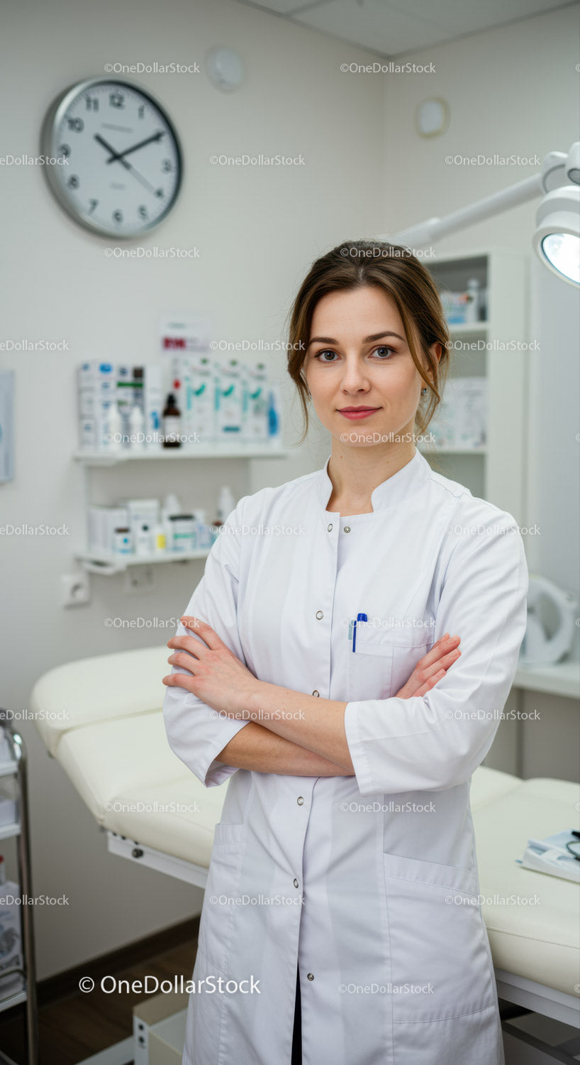 Kobieta pracująca w zawodzie medycznym stojąca w klinice ze sprzętem medycznym