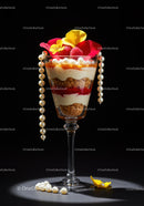 Elegant dessert with raspberries and pearl decorations