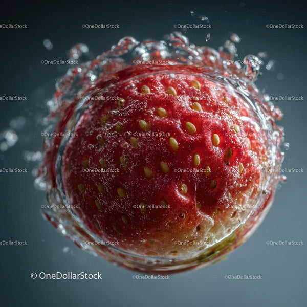 Red Strawberry Underwater Scene with Water Splash and Juicy Details