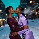 Two women sharing a tender winter kiss outdoors