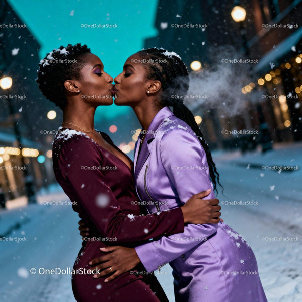 Two women sharing a tender winter kiss outdoors
