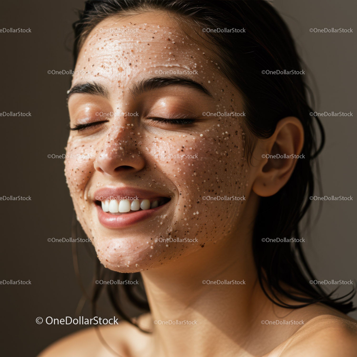 Smiling Woman with Flawless Skin and Radiant Complexion